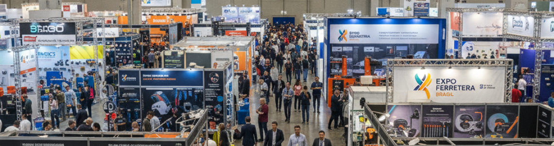 Uma foto de ângulo alto mostra um grande salão de exposições movimentado durante a 'Expo Ferretera Brasil'. Inúmeros estandes exibem uma variedade de ferramentas, enquanto muitos participantes caminham pelos corredores.